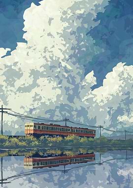 Train Reflection Under Cloudy Sky