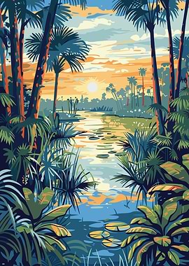 Tropical River Landscape at Sunset