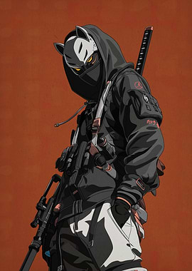 Cyberpunk Ninja with Mask and Katana