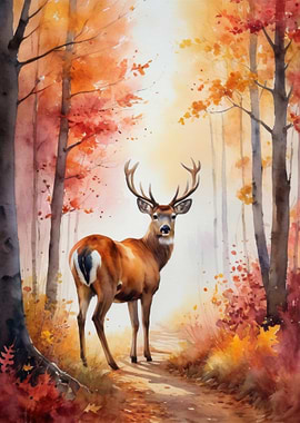 Deer in Autumn Watercolor Painting