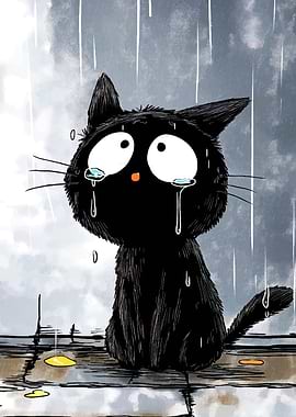 Sad Black Cat in the Rain