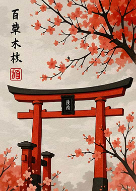 Japanese Torii Gate with Cherry Blossoms