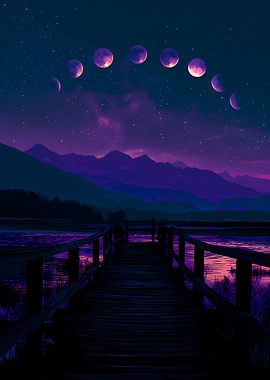 Moon Phases Over Mountain Lake