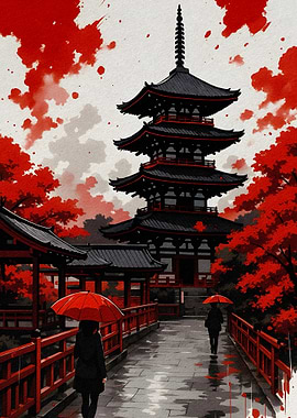 Japanese Pagoda in Red Autumn Landscape