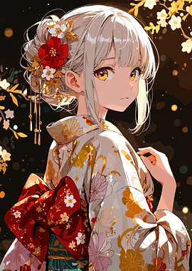 Anime Girl in Kimono with Flowers