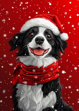Border Collie with Santa Hat | Smiling Christmas Dog Print
