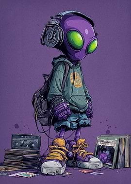 Alien with Headphones and Music