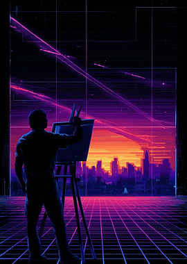 Synthwave Artist Painting Cityscape at Sunset
