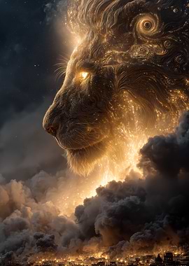 Celestial Lion Over Cityscape
