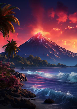 Tropical Volcano Eruption at Sunset