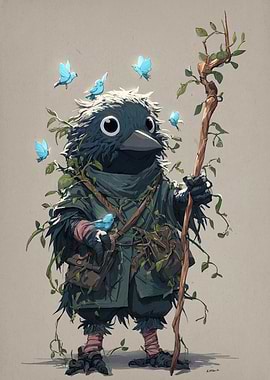 Anthropomorphic Crow with Bluebirds and Staff