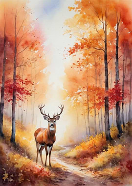 Watercolor Deer in Autumn Forest