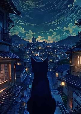 Cat on Rooftop, Japanese Night City
