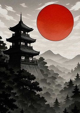 Japanese Pagoda with Red Sun