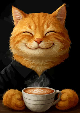 Smiling Cat with Coffee