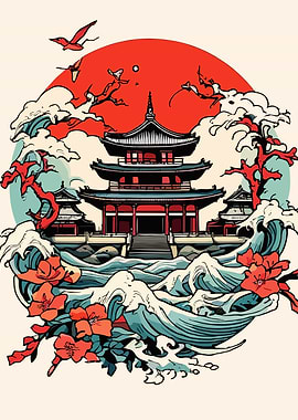 Japanese Temple with Waves and Flowers