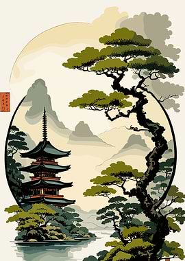 Japanese Pagoda Landscape Art
