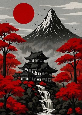 Japanese Landscape with Castle and Mountain