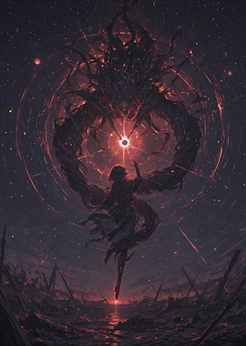 Dark Cosmic Entity – Red Energy and Mysterious Figure