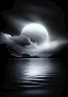 Monochrome Moonlit Lake Landscape