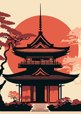 Japanese Pagoda Silhouette with Rising Sun