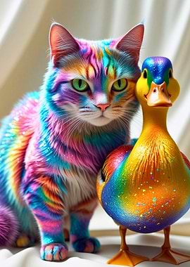 Rainbow Cat and Duck Figurine