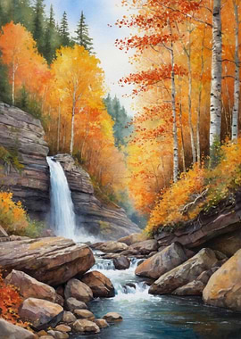 Autumn Waterfall Landscape Watercolor Painting