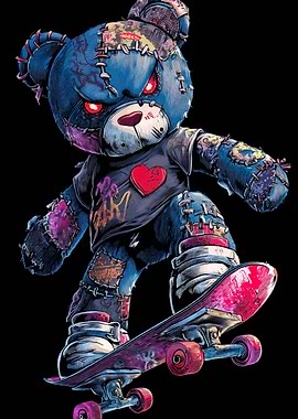 Skateboarding Teddy Bear with Red Eyes