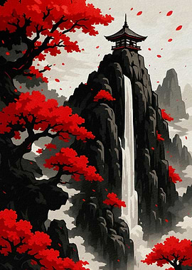 Japanese Pagoda on Mountain with Waterfall