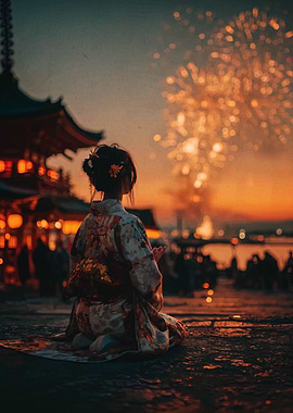 Japanese Woman Watching Fireworks