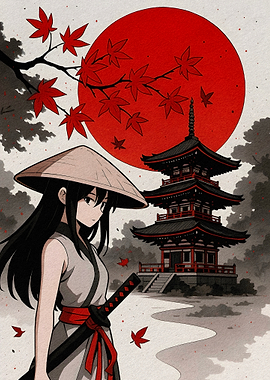 Anime Warrior in Japanese Landscape