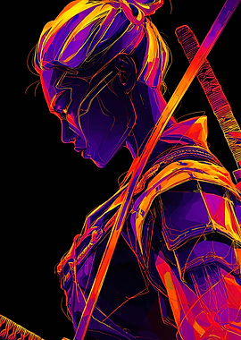 Samurai Woman with Swords, Neon Art