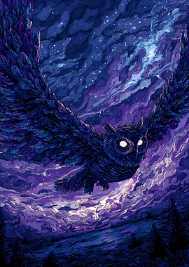 Owl in Flight Under Starry Sky