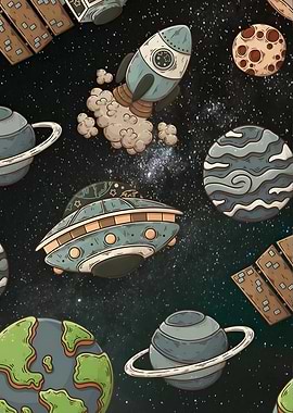 Cartoon Space Pattern with Planets and Rocket