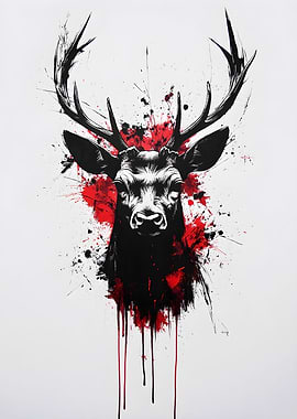 Abstract Deer Portrait with Red Splatters