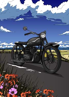Vintage Motorcycle on Road with Flowers