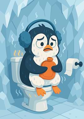 Cold Penguin on Toilet Cartoon