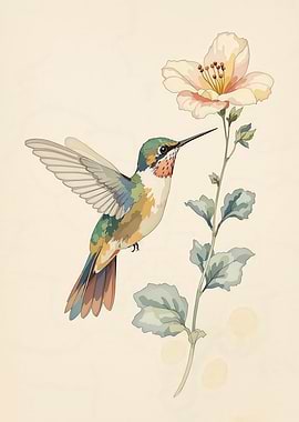 Hummingbird and Flower Watercolor Illustration