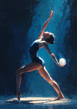 Ballerina in Blue Spotlight Painting | Rhythmic Gymnastics Wall Art