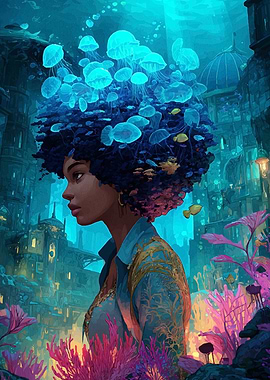 Underwater Afro Woman with Jellyfish Hair