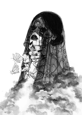 Veiled Woman with Moths and Clouds