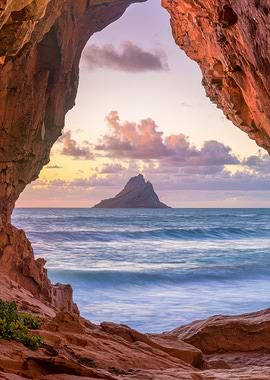 Coastal Cave View at Sunset