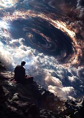 Monk Meditating Before Cosmic Storm