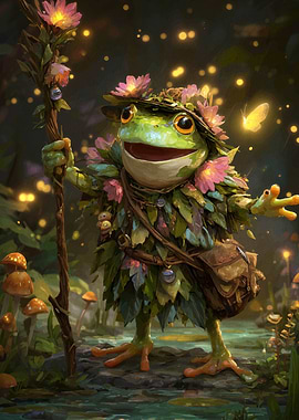 Frog adventurer in a magical forest