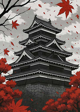 Japanese Castle with Autumn Leaves
