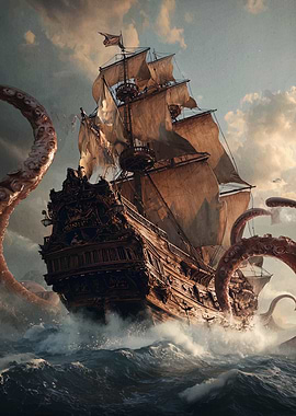 Ship attacked by giant octopus tentacles