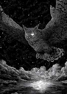 Black and White Owl Flying Through a Starry Night