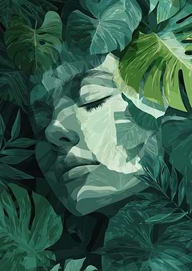 Woman's Face Surrounded by Green Leaves