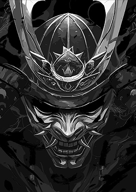 Samurai Mask Black and White Art