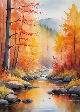 Autumn Forest Watercolor River Landscape